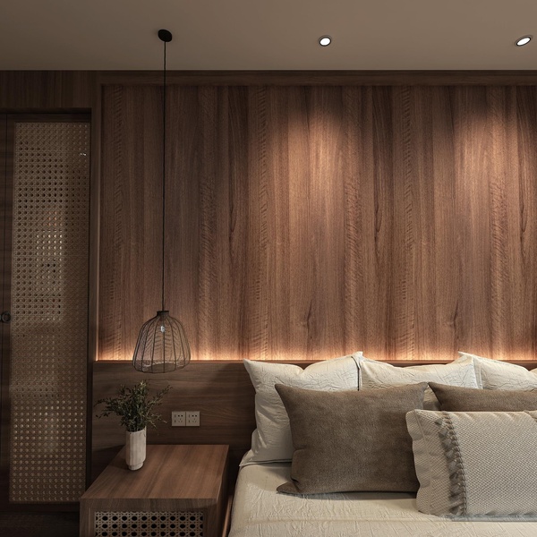 bed frame, nightstand, bedroom furniture, bedside table, bedding, brand awareness, lifestyle, calm, luxurious, brown, neutral